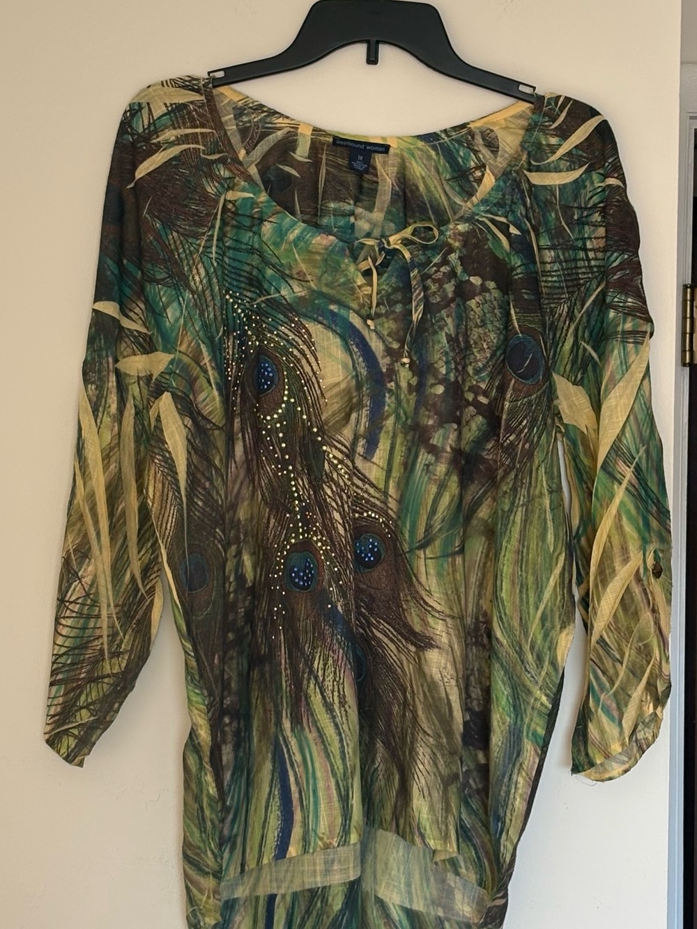 Westbound Peacock Feather Print Embellished Tunic Blouse – Plus Size 1X High Low